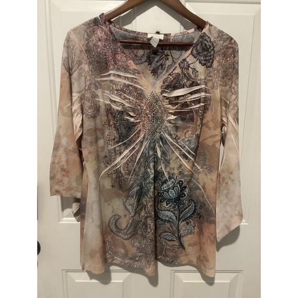 Chico’s Blouse Top Watercolor Size 2 Large Blue Pink Faux Diamond Studded 3/4 - Picture 1 of 11